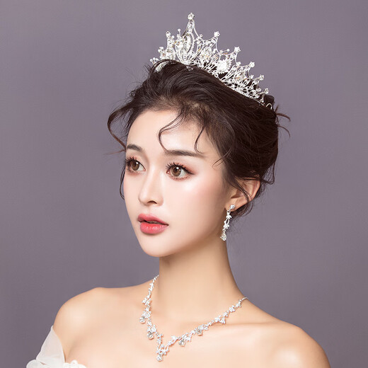 YIBIY新娘结婚头饰皇冠项链耳环三件套新款礼服头纱配饰大气王冠发饰女 银色皇冠【简装】