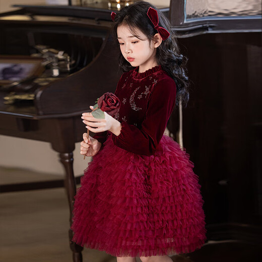 Girls Princess Dress Spring and Autumn 2025 New Spring Dress Girls Style Puffy Skirt Fashionable Children's Dress Spring 325 Burgundy Single Liner Free Pearl Headband 120 Recommended 33-40Jin Jin is equal to 0.5 kg