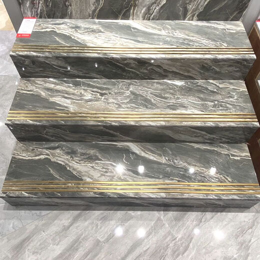 BEYZK弧边淋釉楼梯踏步瓷砖470x1200防滑大理石地板砖一体原槽镀金梯级 12808-单片不含加工跟运费 470*1200