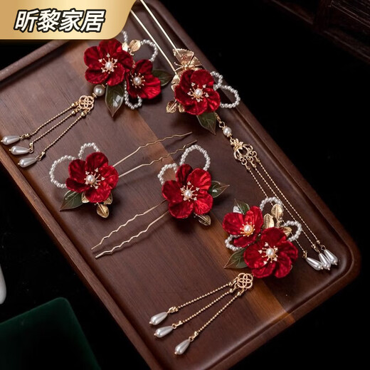 Chinese style Hanfu bride hair accessories Hanfu hair accessories retro aesthetic red rouge camellia ancient style tassel hairpin hairpin red camellia hairpin