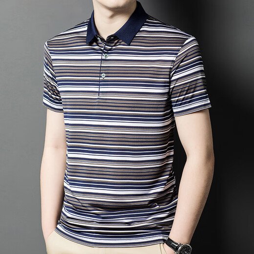 Dancing with Wolves Ice Silk T-shirt Men's Short Sleeve Summer Thin Collared Cross-Stripe Flush Top Cool Silky T-shirt POLO Shirt SJ1503 Camel M 165