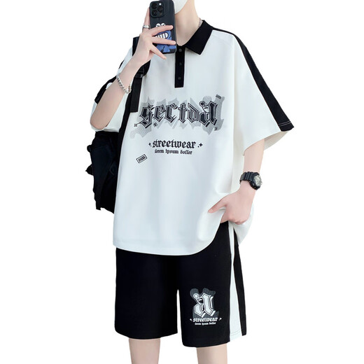 Aoji Summer de moda camiseta de manga corta para hombres Fat Boy Polo Sports Polo de 1215 años de edad 6629 Negro (de manga corta + pantalones cortos) M 90-110Jin [Jin equivale a 0.5 kg]