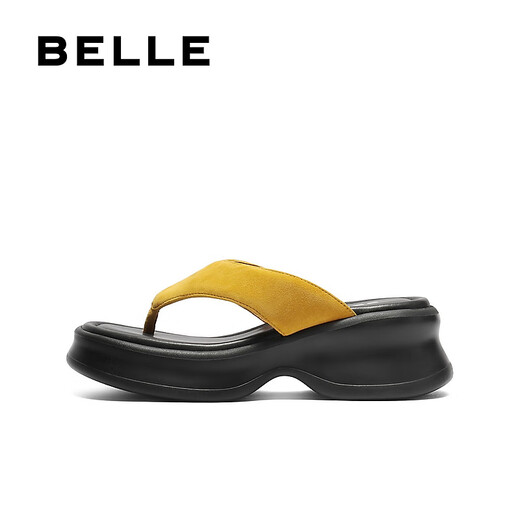 百丽（Belle）简约亲肤夹趾拖鞋女2025夏新厚底增高可外穿拖鞋B2711BT5 黄色 36