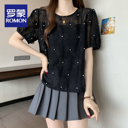 罗蒙（ROMON）2025新款女装别致钉珠蕾丝勾花镂空罩衫短袖打底吊带两件套上衣 白色 M 【80-100斤】