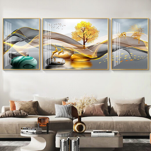 Modern simple living room decoration painting sofa background wall mural atmospheric light luxury triple painting hanging painting inlaid diamond crystal porcelain hj-3893-Smooth sailing on both sides 70*90 in the middle 140*90 noble black frame inlaid