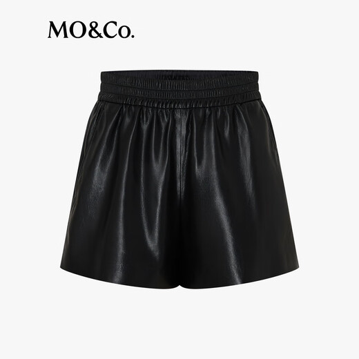 MO&Co. Shorts 2025 Autumn New Product Light Rock Plain Leather Elastic High Waist Loose Black Casual Pants MBE3SOT016 Black S /160