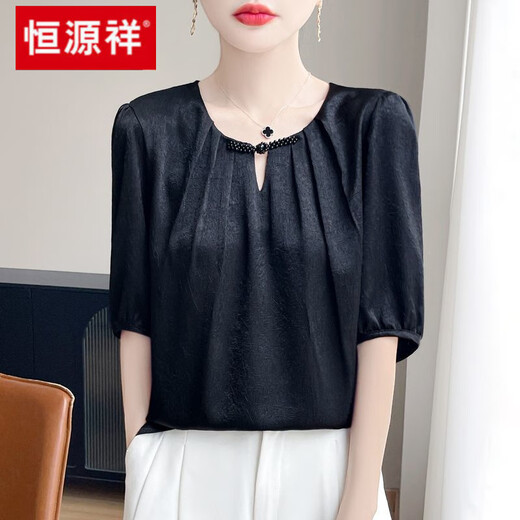 Hengyuanxiang Cabinet Cut Mark Mulberry Silk Short Sleeve Satin Summer New Silk Shirt Top Loose Official Flagship White* Upgraded Fabric Not worth 100 XL 120-135