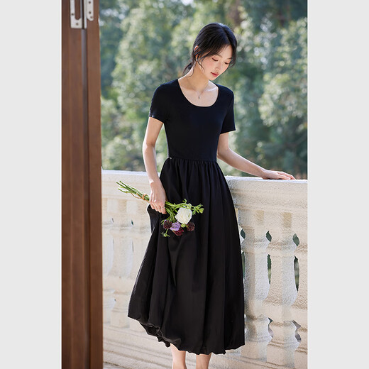 Vanciman Slim U-Leck Robe à manches courtes en été Nouveau French Slim Hepburn Style Long Black XL