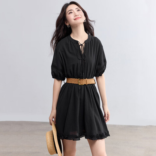 
Chamdora Bohemian pure cotton tied V-neck dress for women summer ruffled rotator sleeves A-line skirt romantic midi skirt