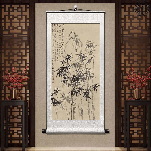Book and Dance Hall Zheng Banqiao Bamboo Hanging Painting Celebrity Calligraphy Calligraphy and Painting Ink Chinese Painting Bamboo Newspaper Peaceful Living Room Bedroom Landscape Decoration Painting Bamboo and Stone Pictures - Zheng Banqiao - Vertical Style - Silver White Style Overall Size Width 50cm Height 100cm (Hook included)