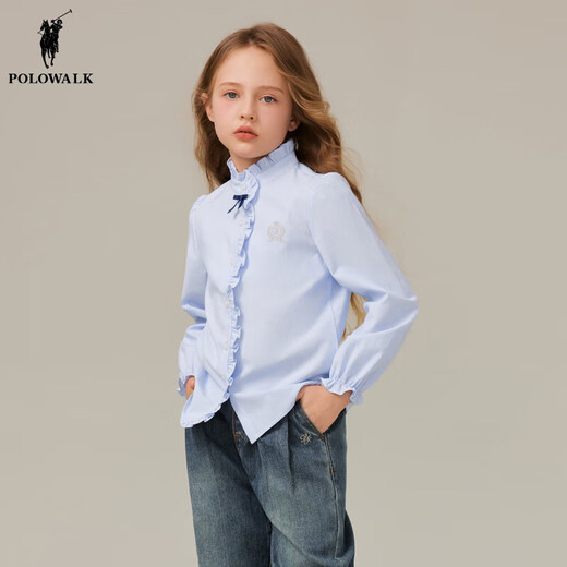 POLOWALK children's clothing girls long-sleeved shirt 2025 autumn new striped medium and large children's lapel top blue 120 120cm