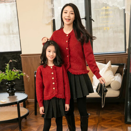 Little Bear Elf (xiaoxiongjingling) red mother-daughter sweater cardigan New Year autumn and winter new parent-child wear high-end western-style round neck sweater family wear burgundy cardigan/single piece 165 mother size S (recommended weight 80-100Jin Jin equals 0.5 kg)