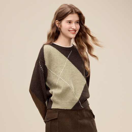 Betu Women's 2025 Winter New Sweater Irregular Geometric Contrast Color Design Soft Wax Top Women 2511T47 Brown XS (Brown Pre-sale Ships on 11/29)