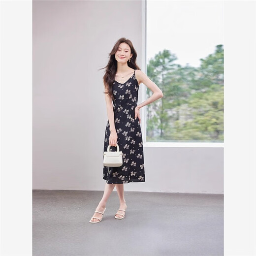 姒桀上海恩迪服饰韩朵羿服饰蝴蝶结吊带连衣裙法式碎花夏季 9928黑色连衣裙 L