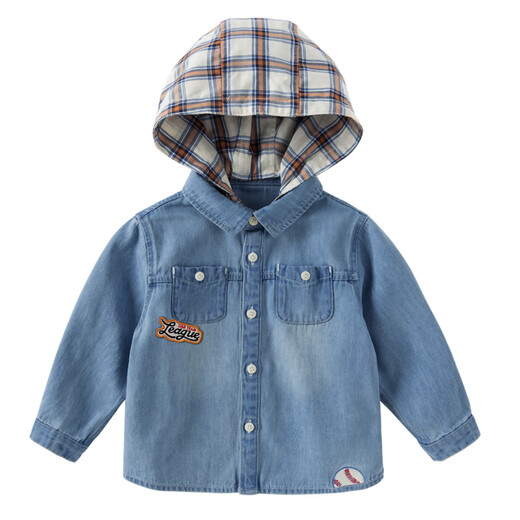 DAVE&BELLA children's denim shirt spring new boys hoodie pure cotton children's long-sleeved jacket baby clothes denim blue ready stock 80 cm (recommended height 73-80cm)