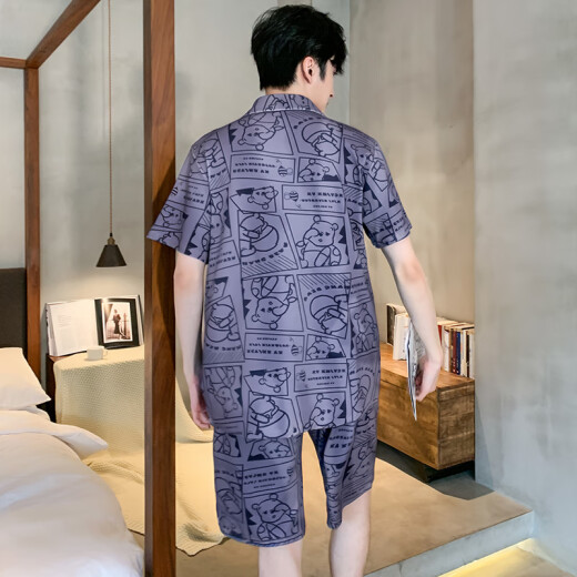 Catman (Miiow) ICE Seidenpyjamas Herren Sommer kurzärmelige Hose dünner Stil für junge Jungen Sommer-Herren-Hauskleidung 2025 Neuer Stil Set 12532 [Yunduo-Baumwollcrepe] l (empfohlene Größe beträgt etwa 170, Gewicht beträgt 100-