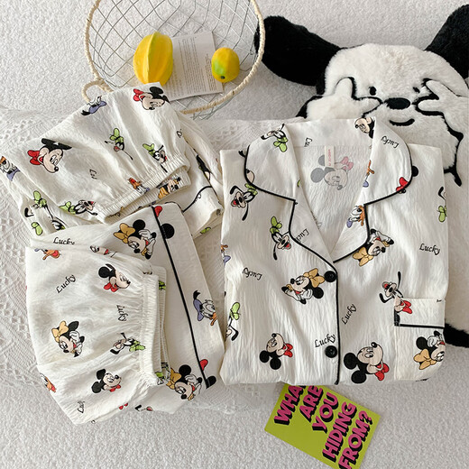 UKUHPK25 Sommer Frauen doppelte kurze Hosen dreiteiliger Pyjamas Cardigan Revers Creative Cartoon Cloud Cotton WZN-9901# Pink Border Mike M.