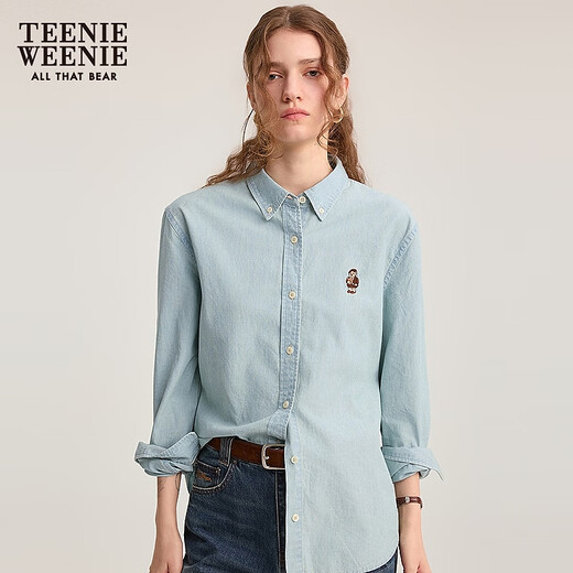 Teenie Weenie小熊女衬衫秋冬时尚舒适宽松学院风刺绣牛仔衬衣上衣 浅蓝色 M