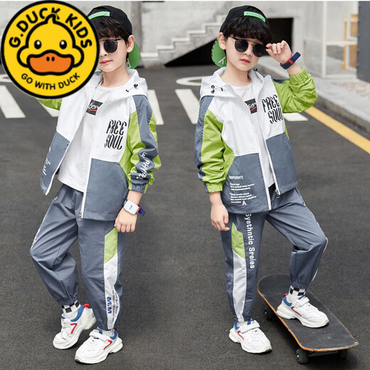 G.Duckkids Boys Spring Suit Children's Sportswear 2025 Новый стиль среднего и больших детей модные мальчики на улице весны и осенью с трех частями зеленые сборы с двумя частями. Рекомендуемая высота 105-115см [30-4 120