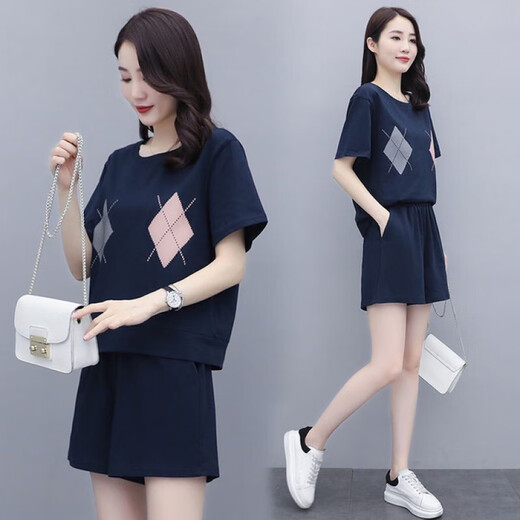 
Pier Cardin summer fat mm casual sports suit short-sleeved women's large size new fashionable shorts loose running suit two-piece set 687 navy blue M Recommended 80-95 Jin [Jin equals 0.5 kg]
