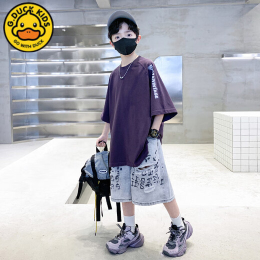 G.DUCK KIDS小黄鸭男童套装夏季2025新款韩范儿童夏装衣服潮男孩短袖两件套 深灰色jd5012字母夏套装 140
