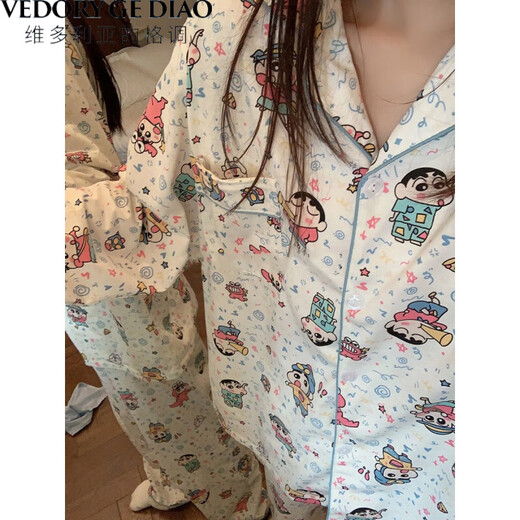 Victoria's style pure cotton pajamas for women in spring and autumn new style crayon Shin-shiba long sleeve long trousers cartoon cute student home clothing set 826 Cherry Bear [Double-length] fabric M [Suggestion 75-95Jin [Jin equals 0.5 kg]]