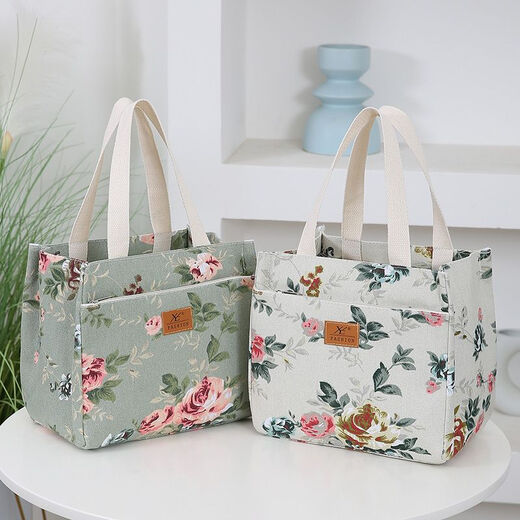 Canvas bag, thickened and sturdy handbag, portable zipper for going out, portable aluminum foil insulation layer, lunch box bag, lunch bag, green flower handbag + thermal insulation