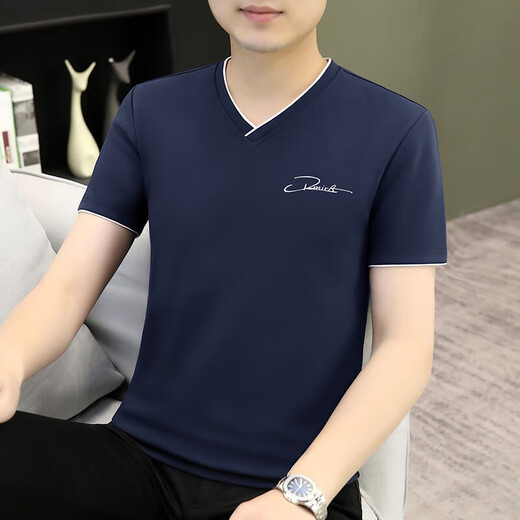 七匹狼官网男士短袖t恤冰丝莫代尔半袖上衣服V领潮流牌体恤夏季新款 Y-D7029白色 M _建议：100-115斤