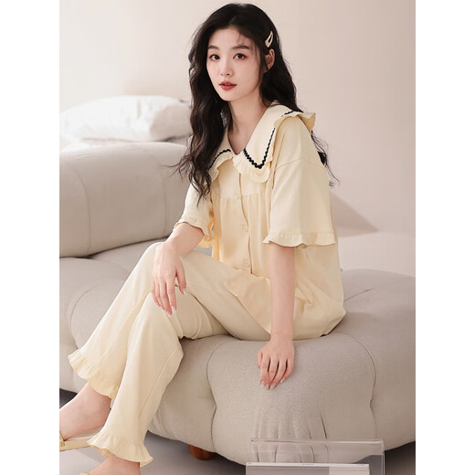 Zhulu Pajamás de pantalones de manga corta para mujeres en primavera y verano del algodón del algodón puro delgada cárdigan dulce ropa del hogar lyca