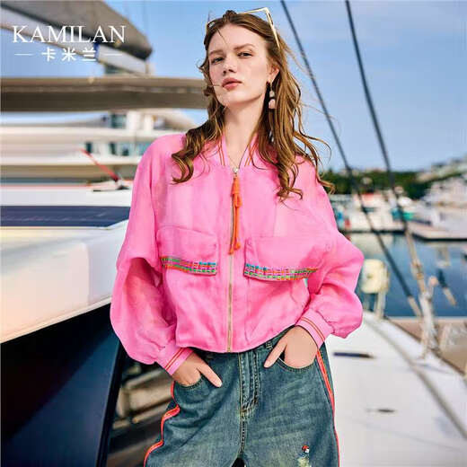 卡米兰（kamilan）粉色镶钻短外套女春夏季2025新款宽松休闲短款上衣独特外套 蓝色 S