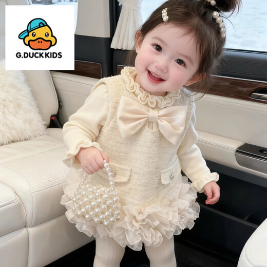 G.duck little yellow duck girl's small fragrant style vest dress winter wear 2025 new one-year-old dress skirt baby girl princess skirt plus velvet small fragrant style plus velvet vest dress 90 cm