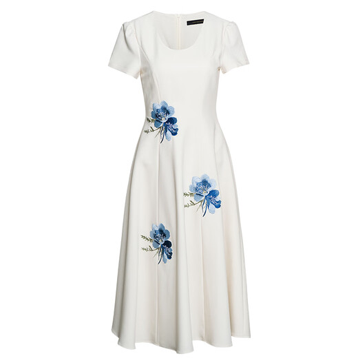 ROEYSHOUSE new Chinese style embroidered dress for women 2025 summer new elegant round neck large hem skirt 12156 off white S