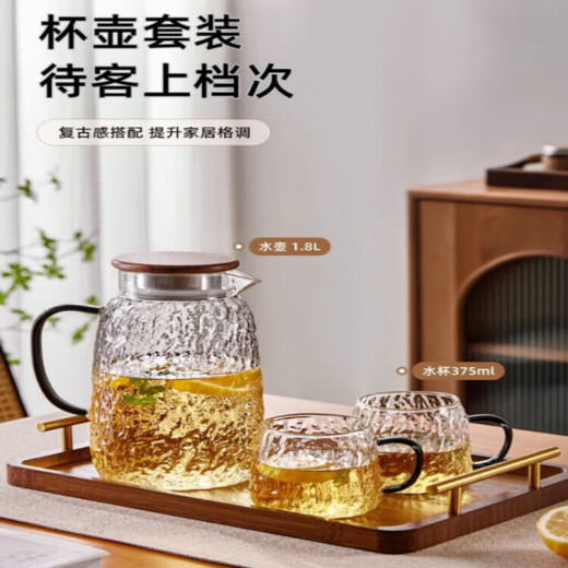 AILUKI Japanese high-looking glass home hospitality light luxury high-end living room water cup set drinking tea cup for women Glacier Cup 6 pieces + Glacier Pot 1.8L + Iron cup holder + Large gold handle