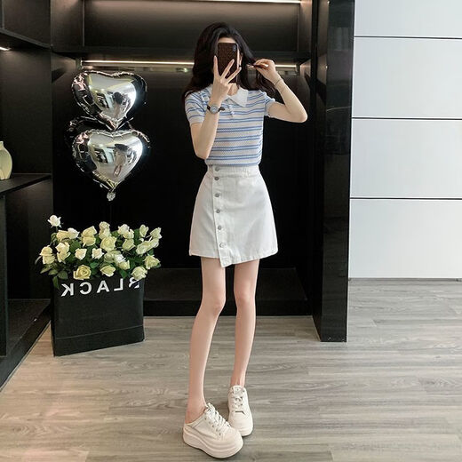 Longwenstin (L.WEST) Summer 2025 New Korean Striped Short Sleeve Top Slim and Versatile Denim Short Skirt Suit Skirt Two-piece Summer White Skirt 7170B S