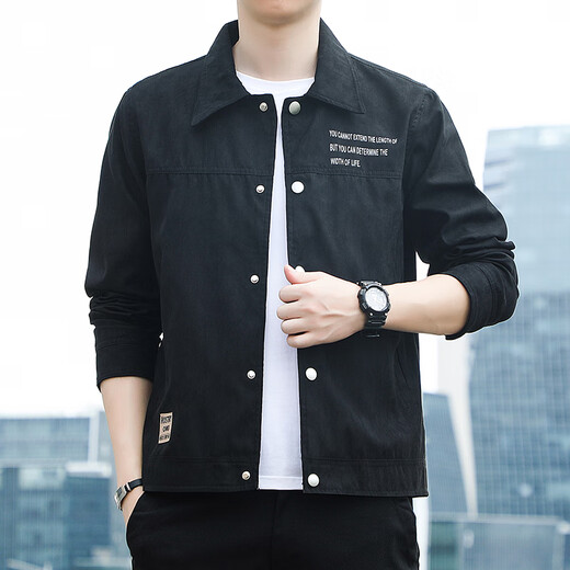 With pure YISHION2025 new men's lapel jacket retro jacket thin shirt suede spring and autumn gown youth clothes [Autumn and winter style] K12806 black [quality plus M