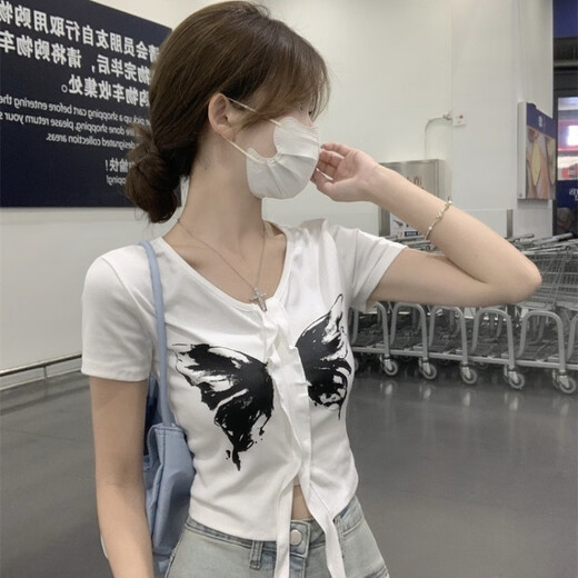 优衣库库【商场同款】美式蝴蝶印花短袖上衣甜辣百搭女款修身显瘦夏季潮流 9930黑 S