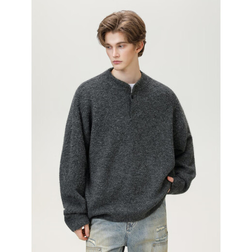 Heavy textured loop yarn pullover sweater for men in autumn and winter loose silhouette Henry collar sweater retro casual jacket charcoal gray L