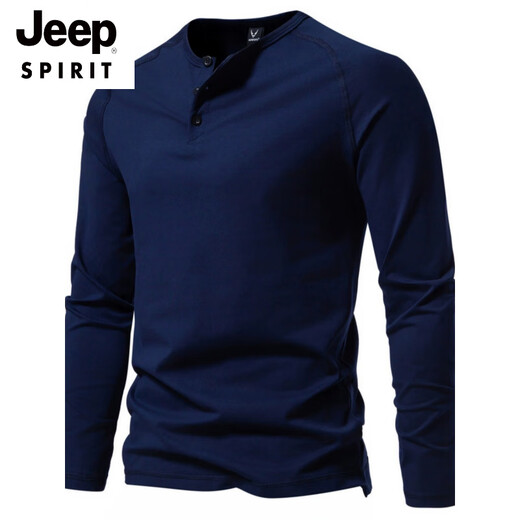 JEEP SPIRIT brand autumn men's pure cotton Henry collar long-sleeved T-shirt youth European and American simple stretch solid color versatile bottoming shirt Navy XL (125Jin Jin is equal to 0.5kg -140Jin Jin is equal to 0.5kg)