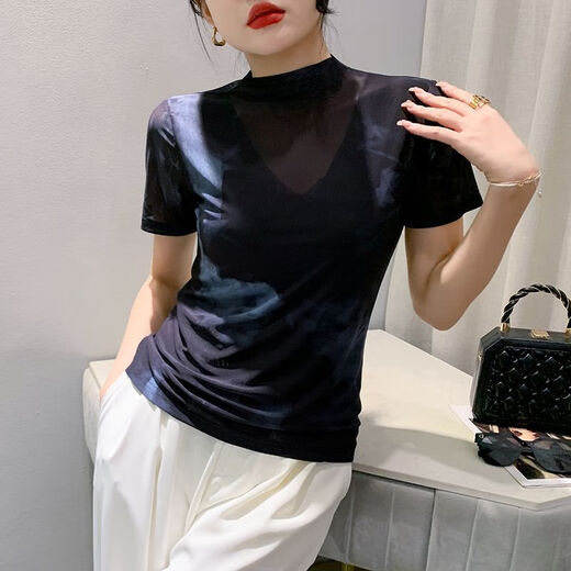 
DRYWORLD2025 summer high-end new fashion half turtleneck mesh printed T-shirt slim base shirt top for women off-white [fashionable and versatile 3878-5] M