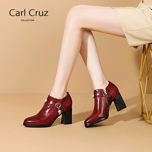 Carl Cruz时尚深口单鞋女2024秋季新款百搭尖头女鞋皮鞋高跟鞋气质及裸靴女 酒红色皮里 预售 37 235mm