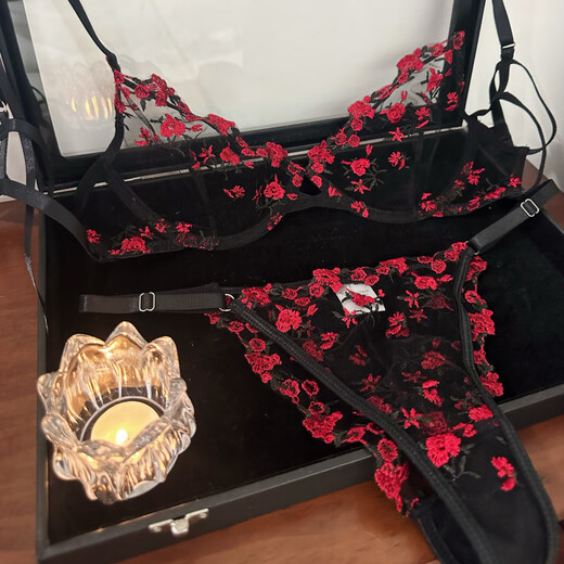 Victoria's style sexy secret tin type red apricot floral embroidery lace mesh see-through bra set sexy royal charm dark red (bra bottoms) M (75ABC)