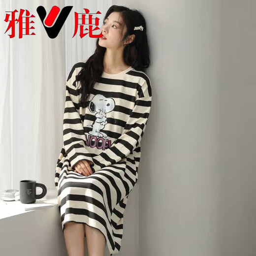 Yalu nightgown for women with long-sleeved cotton design spring and autumn pajamas can be worn on the outside with striped home clothes 2025 Spring and Autumn new style W9765 long-sleeved nightgown XL 110-125Jin [Jin equals 0.5 kg]