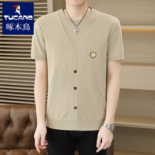 Spechts Sommereis Seidengestrickte gefälschte zweiteilige kurzärmelige T-Shirt-T-Shirt-Korean-Stil-Slim- und kühles und dünnes, halbärmeliges T-Shirt Top 6626 Khaki M 90-110Jin [Jin ist 0,5 kg]