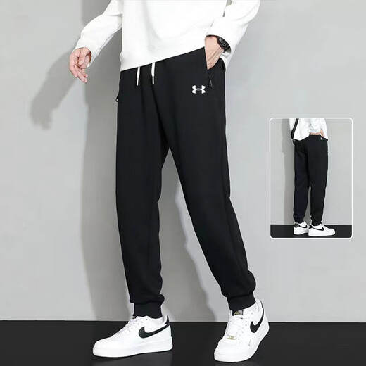 Under Armor sweatpants men's spring and autumn trousers loose large size casual leggings pure cotton zipper pocket sweatpants black XL recommended 115-135 Jin Jin equals 0.5 kg