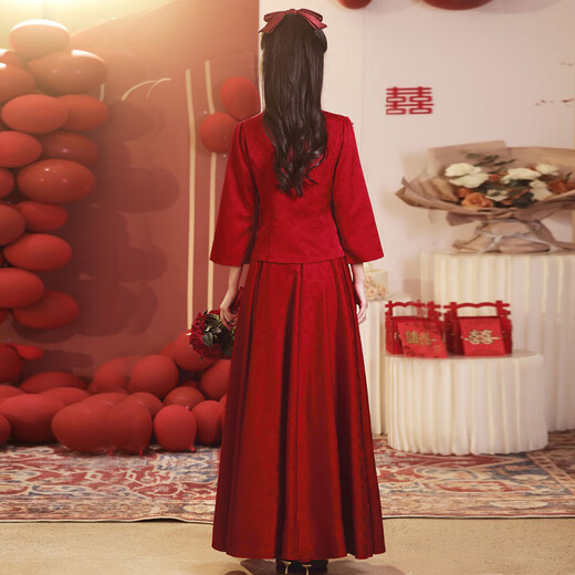 Chuangjing Yixuan Toast Wear Bridal Chinese Long Sleeve Cheongsam for Outing Party Long Retro Engagement Dress Two-piece Set Burgundy L