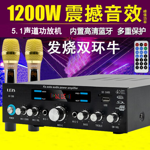 LDZS 2025 Neues Surround 5.1 Kanal Bluetooth-Verstärker Home Audio Professional Hochleistungs-Heimkino Super Heavy Bass Multifunktionskarte HiFi Home KTV-Verstärker 388 Doppelringbull Bluetooth Version