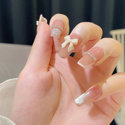 My Seven Days Internet Celebrity Wearing Armor Medium-Length White Bow Diamond Chain Sweet Nail Patch Removable Manicure BY1047 Crystal Purple Butterfly Glue Style