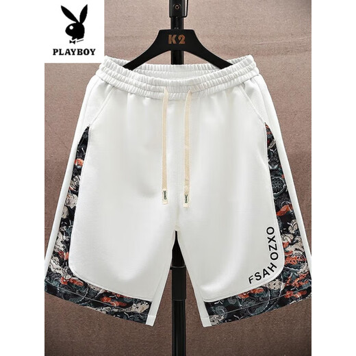 花花公子（PLAYBOY）新中式短裤男士夏季2025新款裤子休闲中裤宽松休闲潮牌复古五分裤 6625白色 4XL