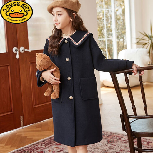 
G.DUCKKIDS girls woolen coat autumn and winter children's woolen coat medium-length college style new fashionable girls children's clothing girl navy blue cotton size 160 size height 150-155cm 12-13 years old
