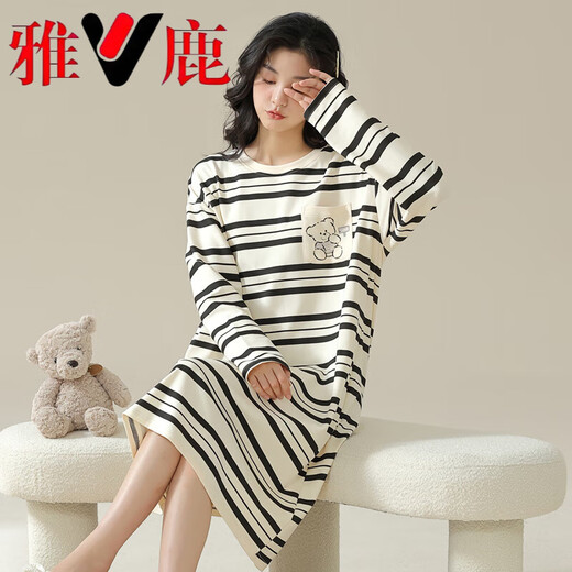 Yalu nightgown for women with long-sleeved cotton design spring and autumn pajamas can be worn on the outside with striped home clothes 2025 Spring and Autumn new style W9765 long-sleeved nightgown XL 110-125Jin [Jin equals 0.5 kg]